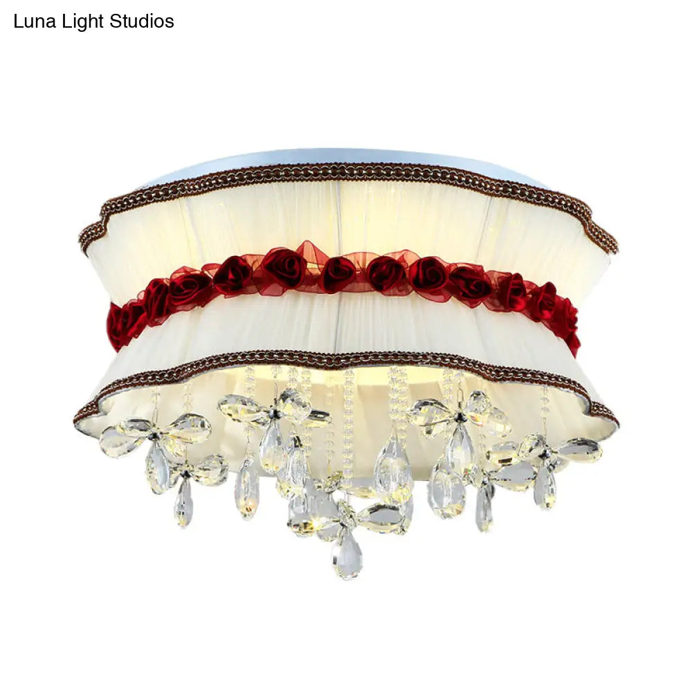 DecorBites™ DecorBites™ Modern Pleated Fabric Bouquet Flush Mount LED Ceiling Light in Beige with Red Rose Accent and Crystal Drops for Bedroom