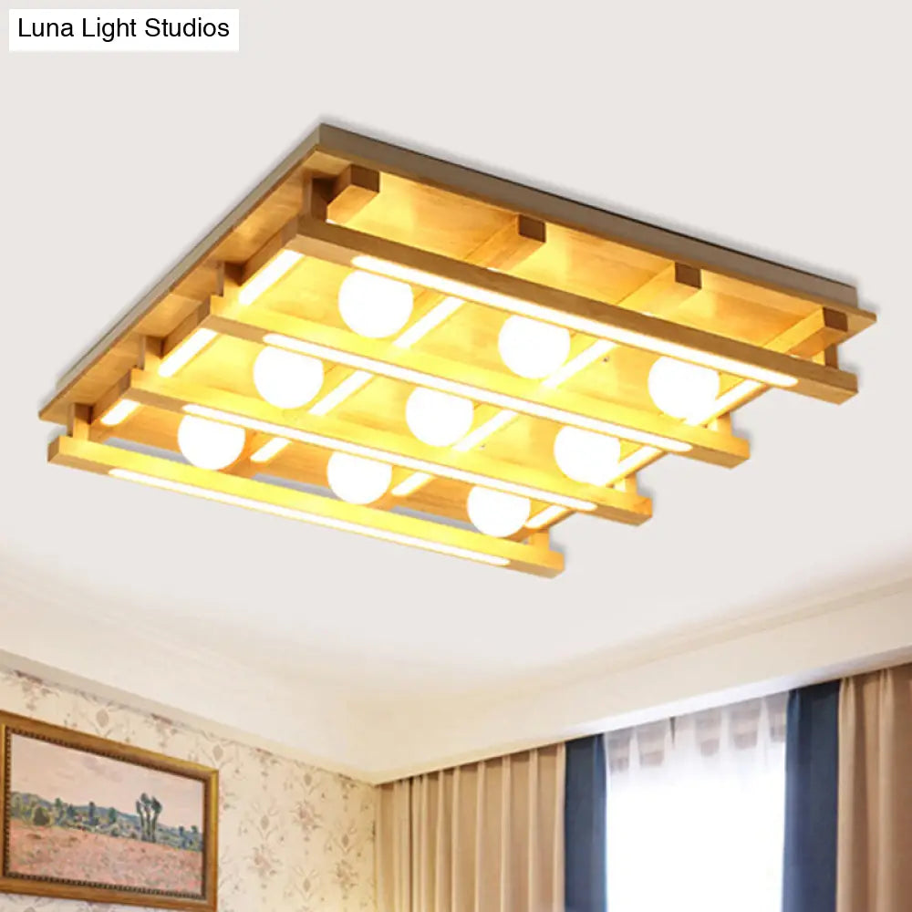 DecorBites™ DecorBites™ Modern Square Wood Flush Mount Lamp with LED Lights - Brown Flush Mount Ceiling Light Fixture with White Glass Ball Shade in White/Warm Light