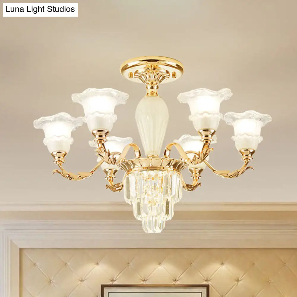 DecorBites™ DecorBites™ Modern Tapered Crystal Prism Chandelier with Ruffled Bell Frosted Glass Shade in Gold - Available in 3/6 Light Options for the Bedroom
