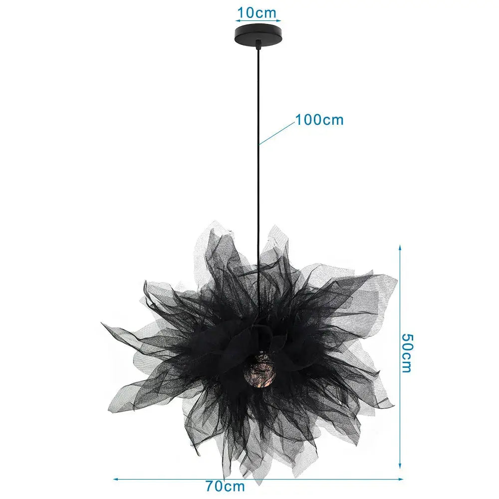 Modern white and black feather pendant light with black tulle chandelier and ornate central bulb for bedroom use