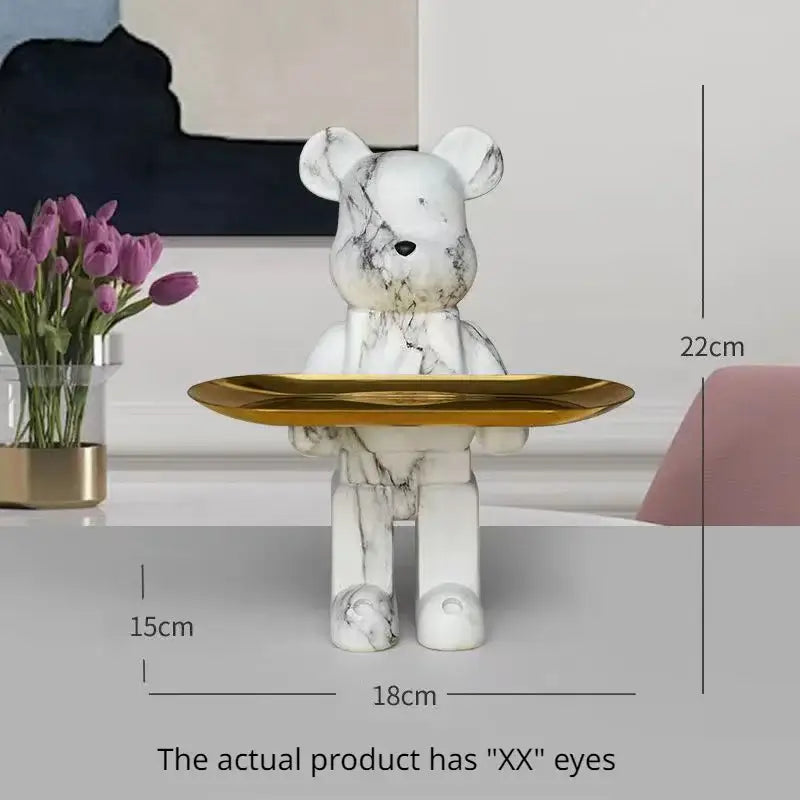 Modern white marble bear figurine sculpture holding a gold tray for elegant living room decor