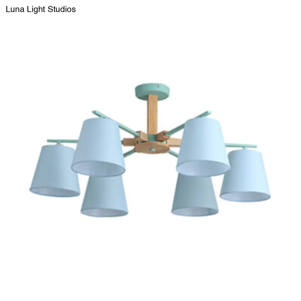 Modern Wood Ceiling Pendant with Tapered Fabric Shade - Available with 3/6 Heads for Living Room Chandelier Lighting