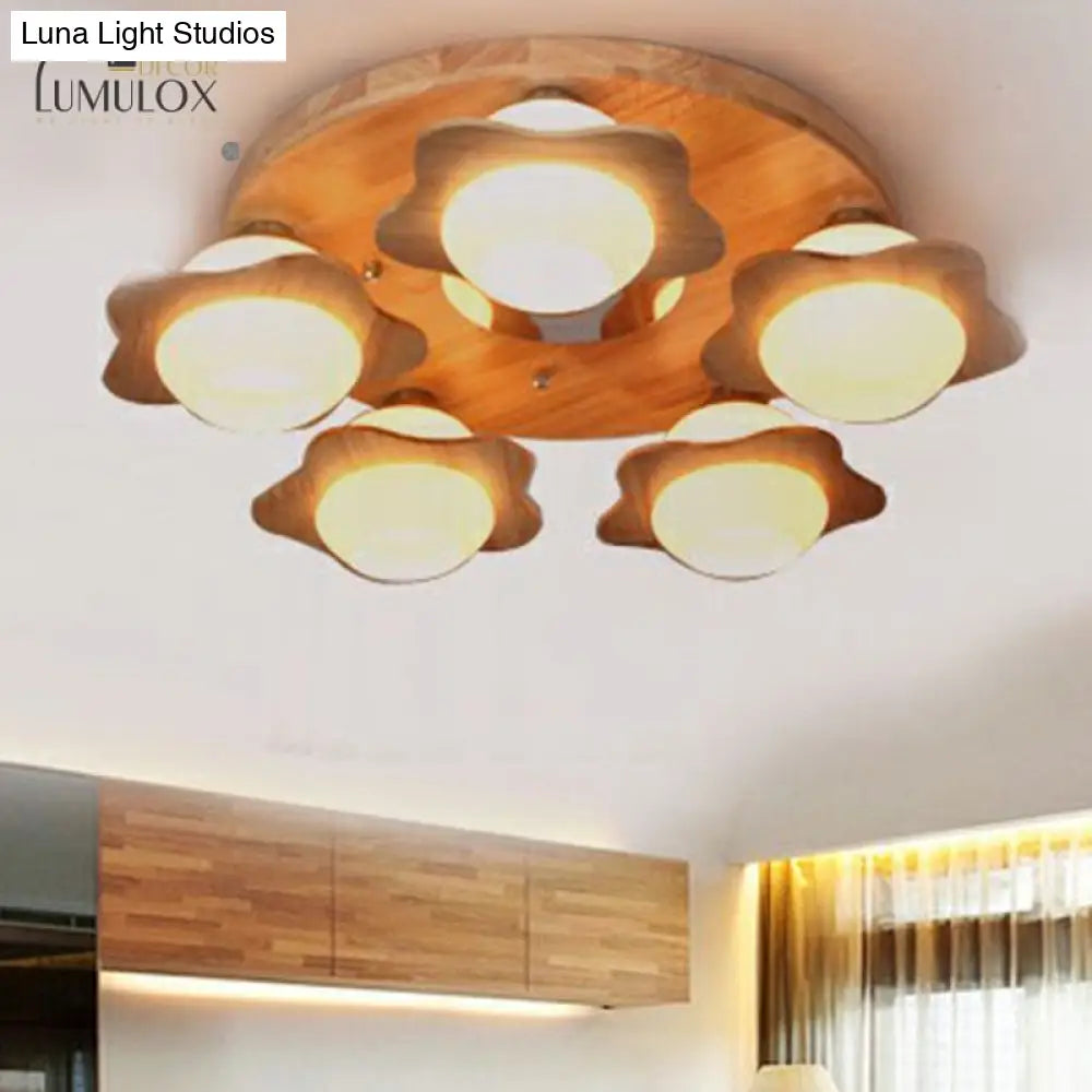 DecorBites™ DecorBites™ Modern Wood Flushmount with Flower Ivory Glass Shade - 5 Lights Bedroom Flush Ceiling Light