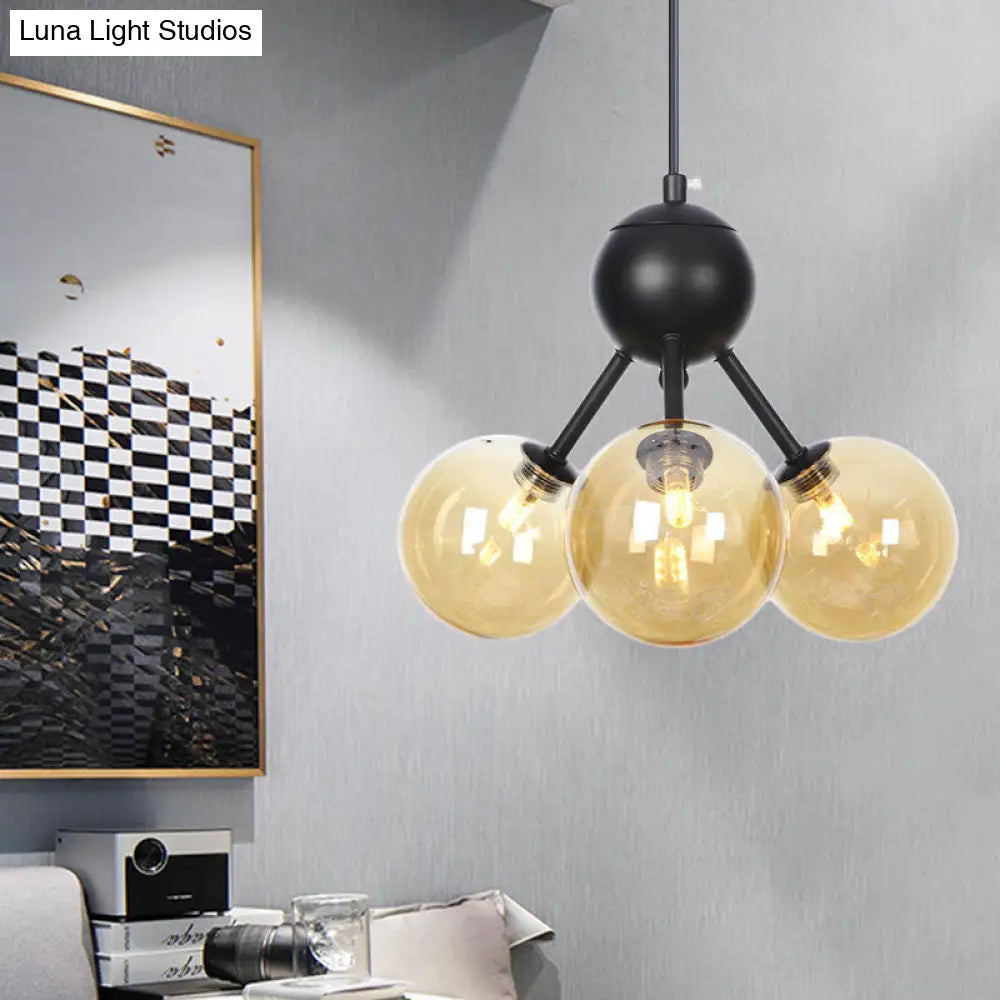 Lámpara de techo modernista de cristal ámbar con lámpara colgante LED de 3 cabezales - Negra