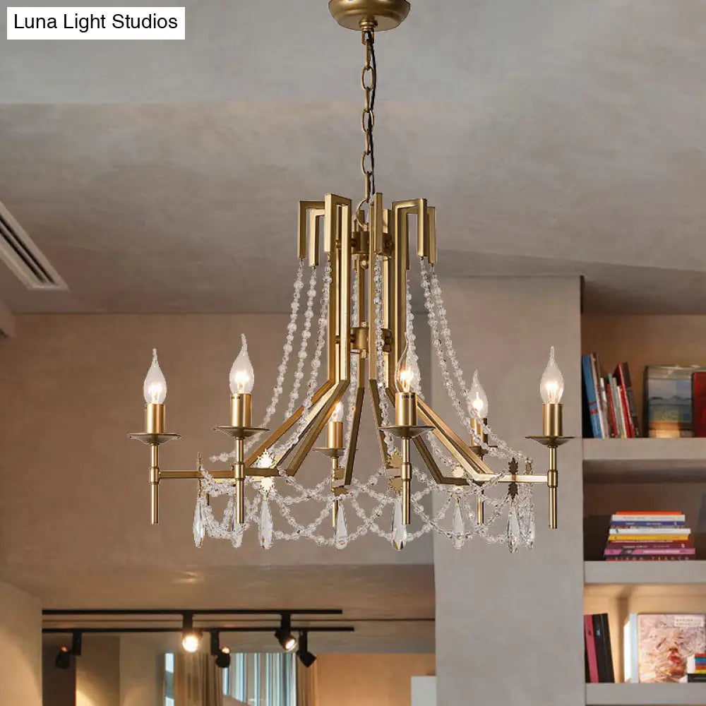 Lámpara de araña modernista con cuentas de cristal - Lámpara colgante de latón de 6 luces con brazo metálico