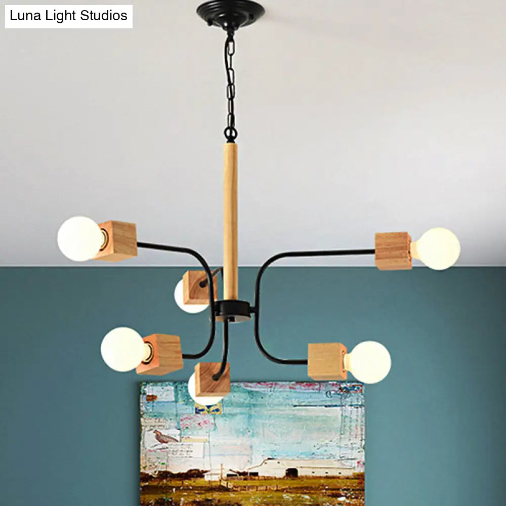 Modernist Curved Arm Pendant Chandelier: White/Black, Multi-Light Wood Hanging Lamp with Chain