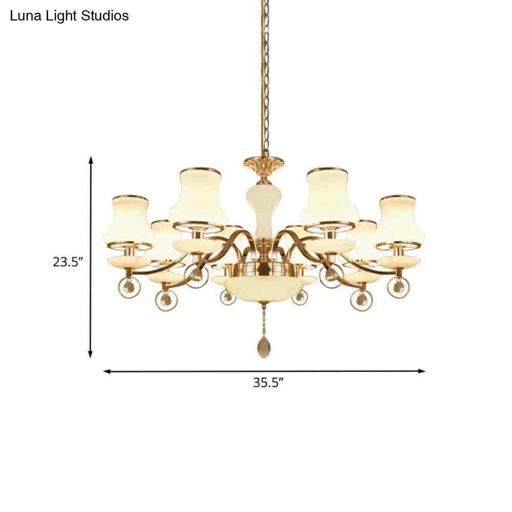 Lámpara de techo colgante estilo modernista con forma de candelabro acampanado de cristal blanco, 8 luces - color champán