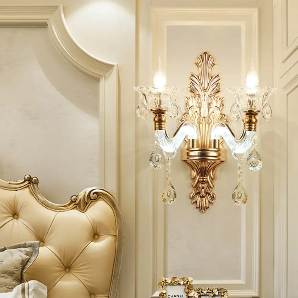 DecorBites™ DecorBites™ Modernist Style Floral Wall Sconce with Clear Crystal 1/2-Light Fixture - Gold Wall Light for Living Room