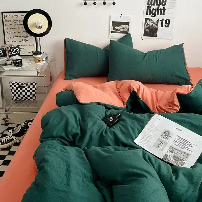 Emerald green cotton bedding set with soft textured fabric and matching pillowcases from decorbites cotton bedding