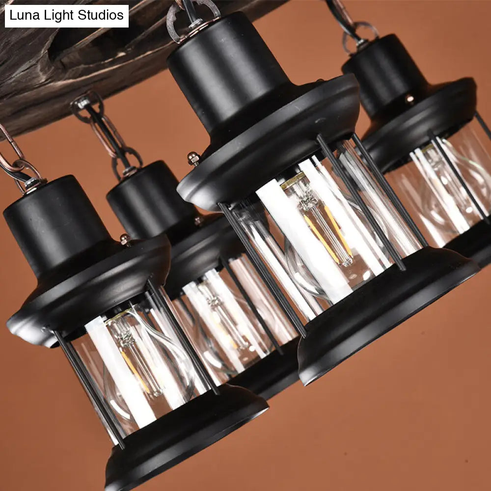 Lámpara de araña náutica de madera con forma de rueda de carro y 8 bombillas, con farol: Lámpara colgante para comedor en color marrón