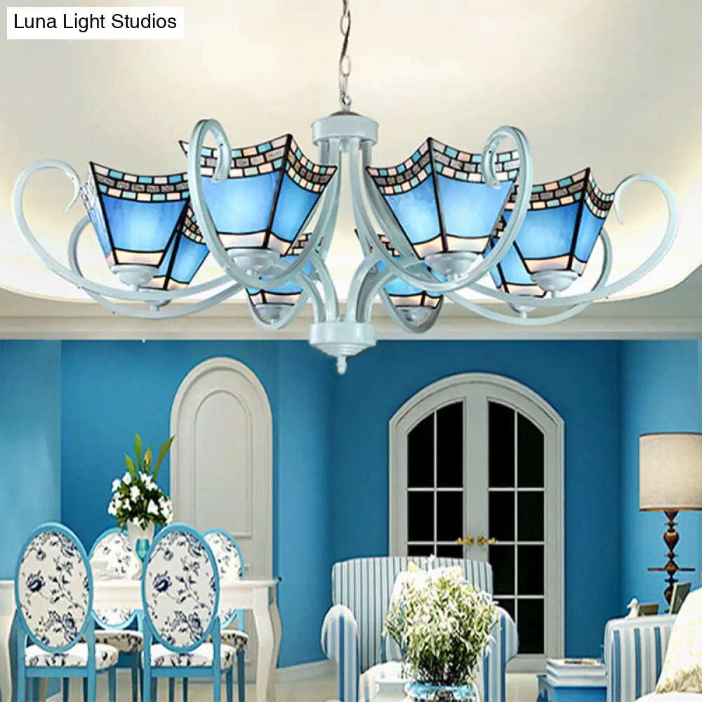 Nautical Chandelier with Blue Glass Pendants - 5/6/8 Lights in White Finish for Living Room