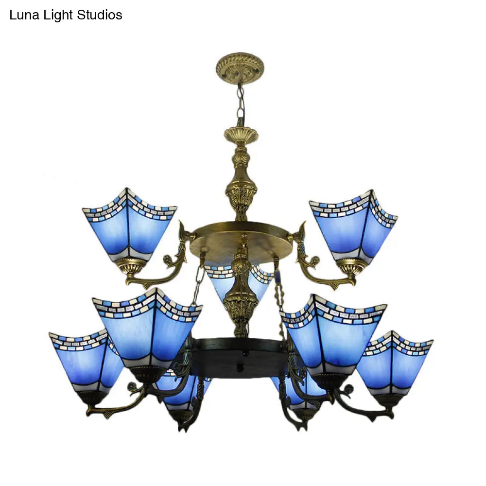 Nautical Pyramid Pendant Lamp - 2-Tier Blue Glass Chandelier with Metal Chain (9 Lights) in Blue
