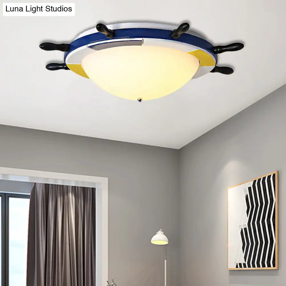 DecorBites™ DecorBites™ Nautical Style LED Wood Shade Flush Mount Ceiling Light - Blue Finish Dome/Rudder Design