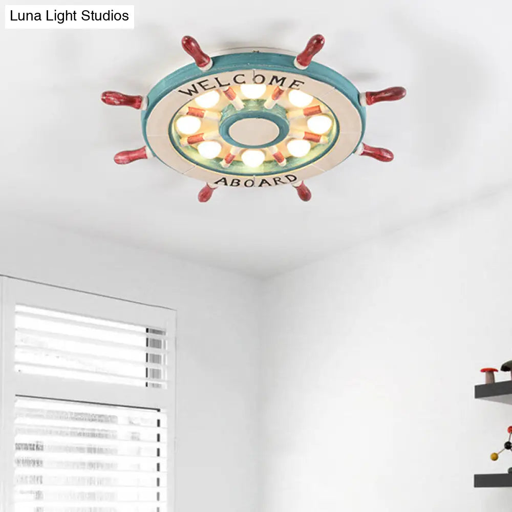 DecorBites™ DecorBites™ Nautical Wood Rudder Flushmount Ceiling Lamp - 8-Light Children's Room Lighting in Green/Red with Warm/White Glow