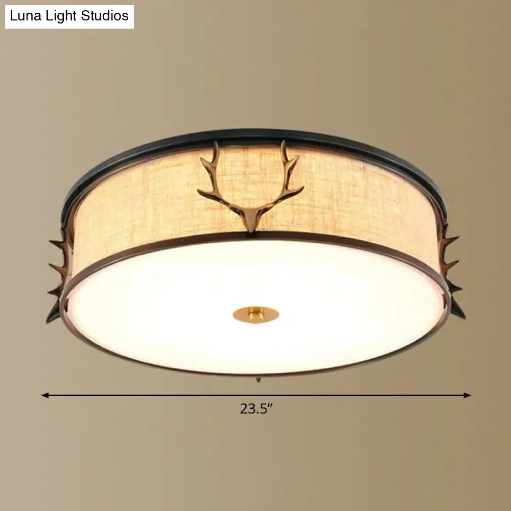 DecorBites™ DecorBites™ Nordic Foyer Charm: Fabric Drum Flush Mount Ceiling Light with Decorative Antler Accents
