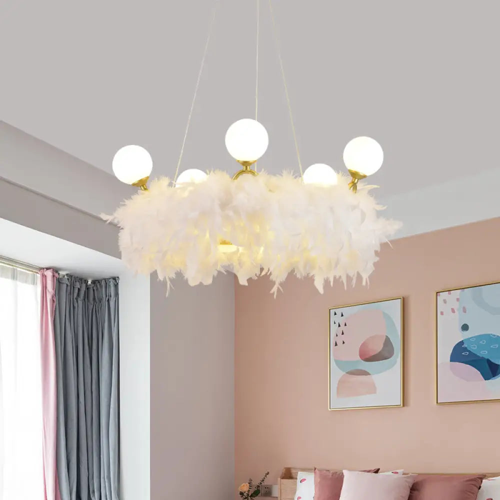 Nordic Gold and White Feather Crown Chandelier for Girls' Room - Elegant Suspension Lighting