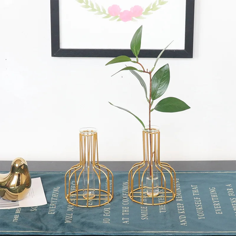 Nordic Iron Golden Hydroponic Vase with Dried Flowers - Vase