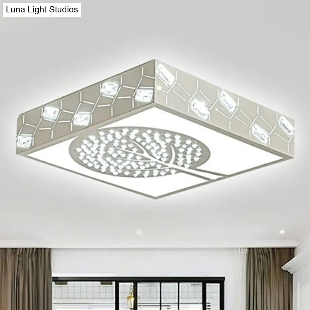DecorBites™ DecorBites™ Nordic Metal LED Bedroom Ceiling Lamp - Square Box Flush Mount with Crystal Bead & Tree Pattern, White/Warm Light