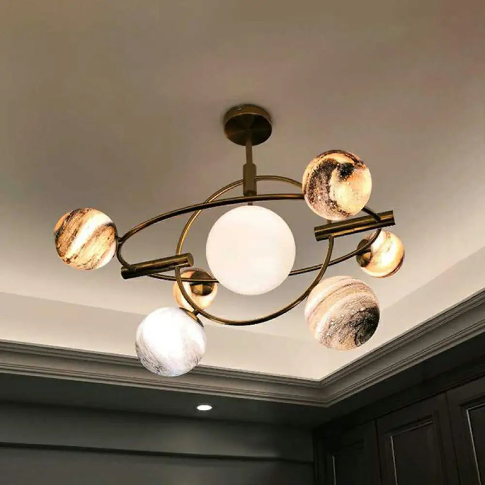 Nordic Planet Chandelier - White-Stained Glass Hanging Light Fixture in Brass - Ideal for Restaurants
