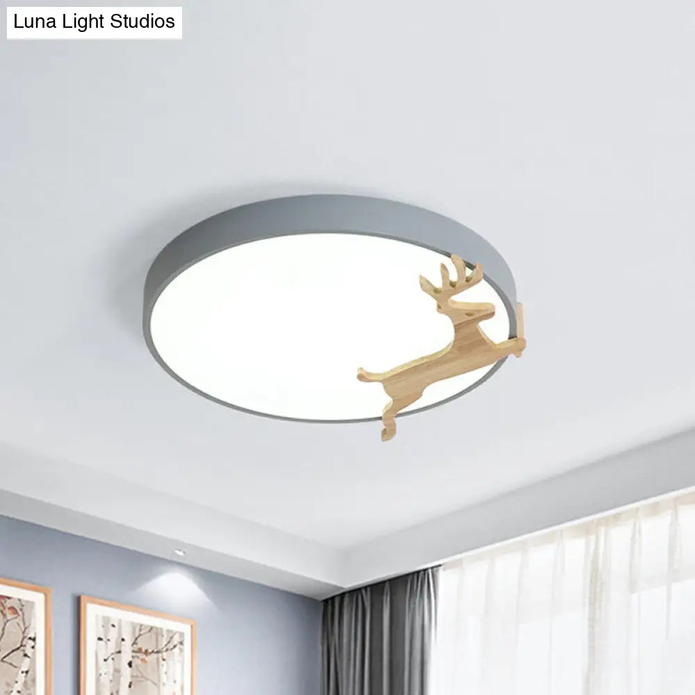 DecorBites™ DecorBites™ Nordic Style Round Flush Light with Running Deer Pattern - Acrylic, Grey/White/Green & Wood LED Ceiling Lamp