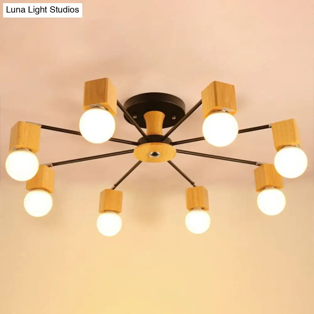 DecorBites™ DecorBites™ Nordic White and Beige Wooden Cube Semi Mount Flush Light with Open Bulb Design