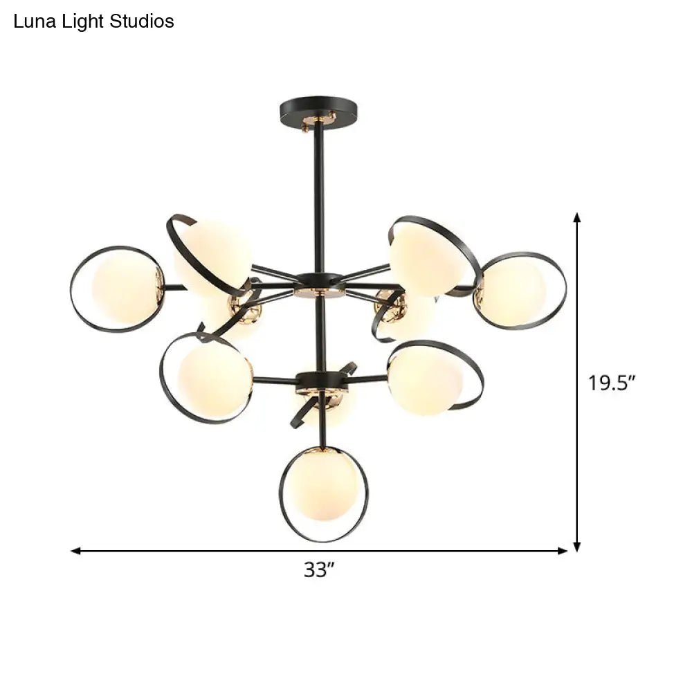 Lámpara de araña colgante Modo de 3 niveles en cristal opalino - Lámpara colgante moderna negra de 10 luces con detalle de anillo