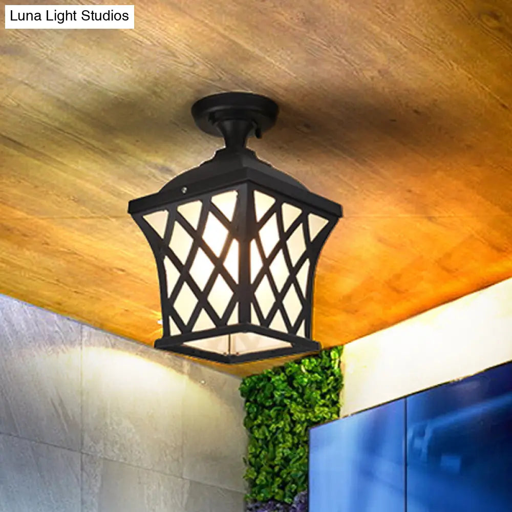 DecorBites™ DecorBites™ Opal Glass Lantern Semi Flush Mount Country Balcony Light in Black/Bronze - Metal X-Frame, 1 Light