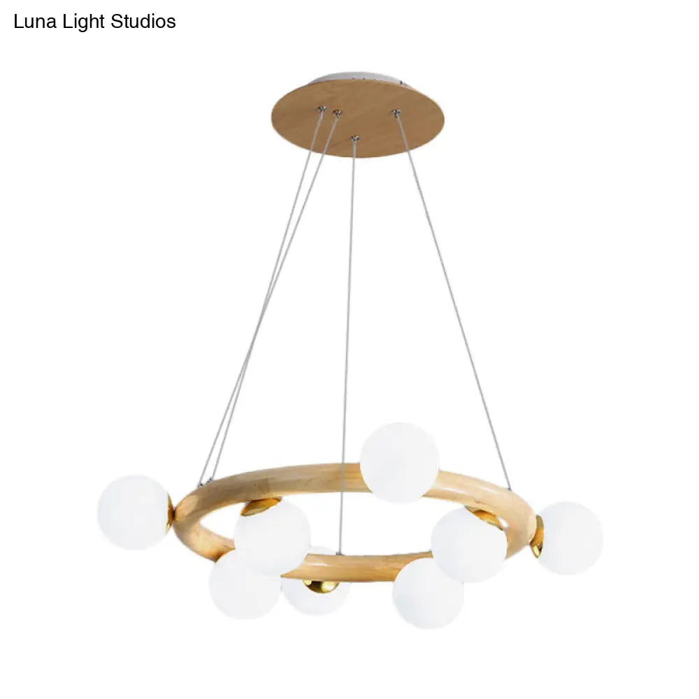 Opal Matte Glass Chandelier with Wood Circle Arm, Nordic Design, 8 Bulbs, Beige Pendant Light