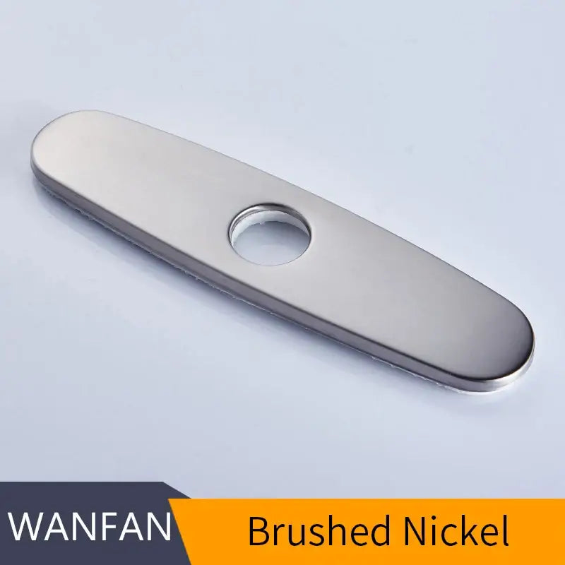 Brushed nickel decorbites deck plate faucet escutcheon with sleek oval design and centered circular hole for kitchen use