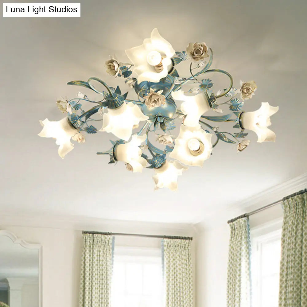 DecorBites™ DecorBites™ Pastoral Style Blue Flower Cream Glass Flush Mount Light for Bedroom Ceiling