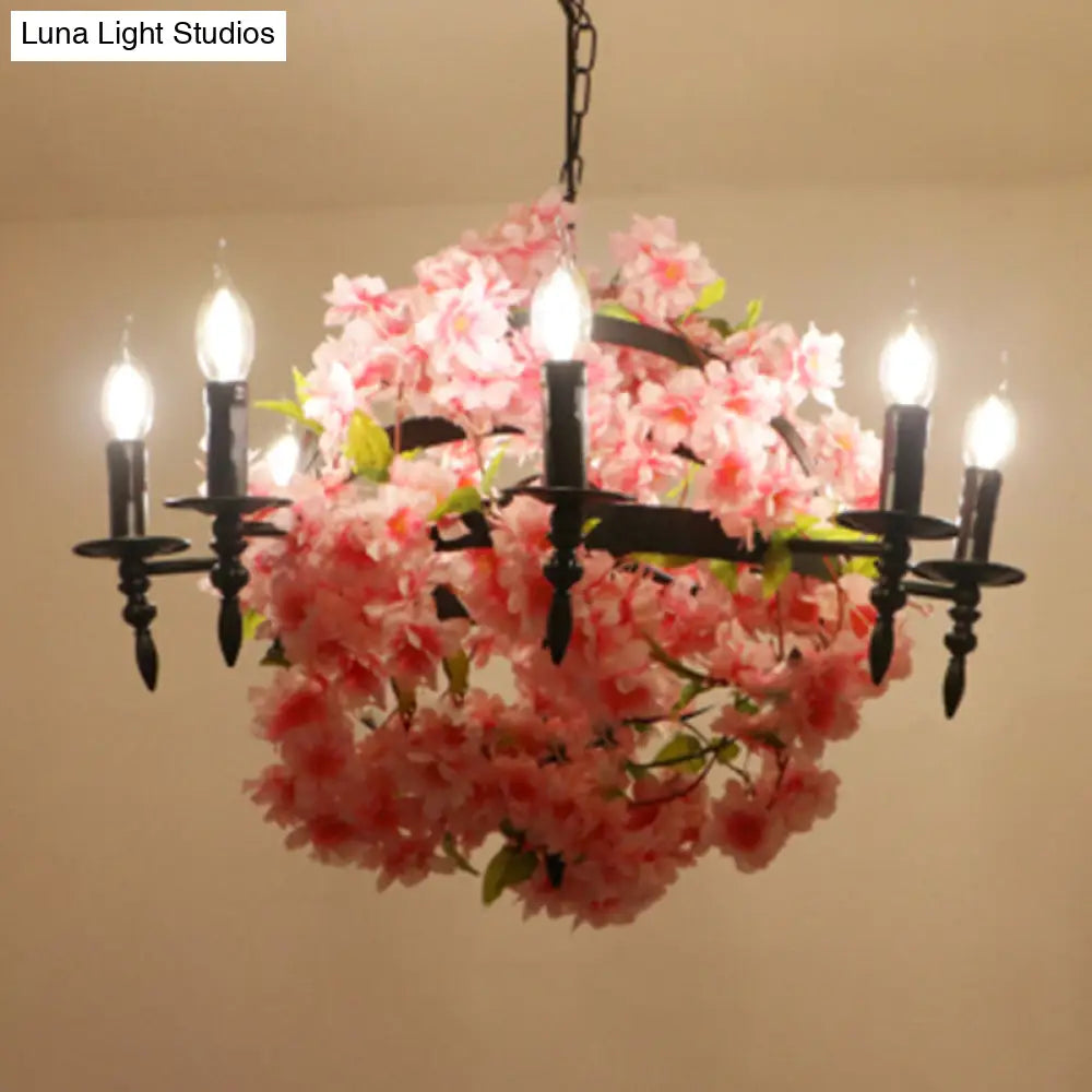 Pink Cherry Blossom Farmhouse Chandelier - Metal Dining Room Suspension Light Fixture
