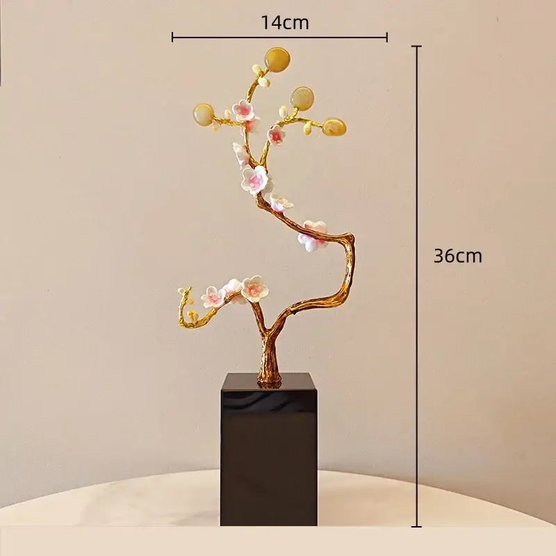 Pink and white golden tree crystal ball statue with delicate flowers on a black base for living room decorbites golden tree decor