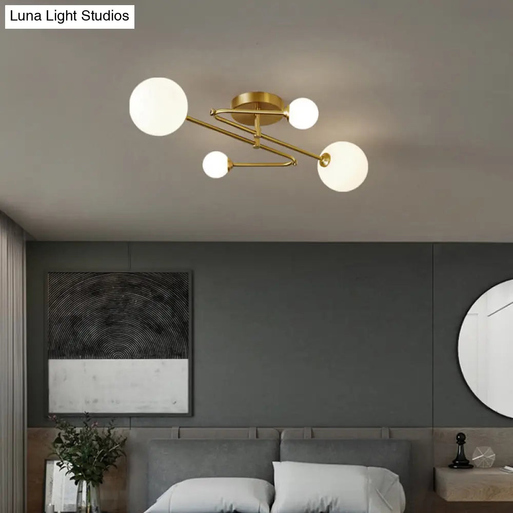 DecorBites™ DecorBites™ Postmodern Brass Semi Flush Mount Fixture - Orb Shaped Milk Glass Flush Ceiling Light