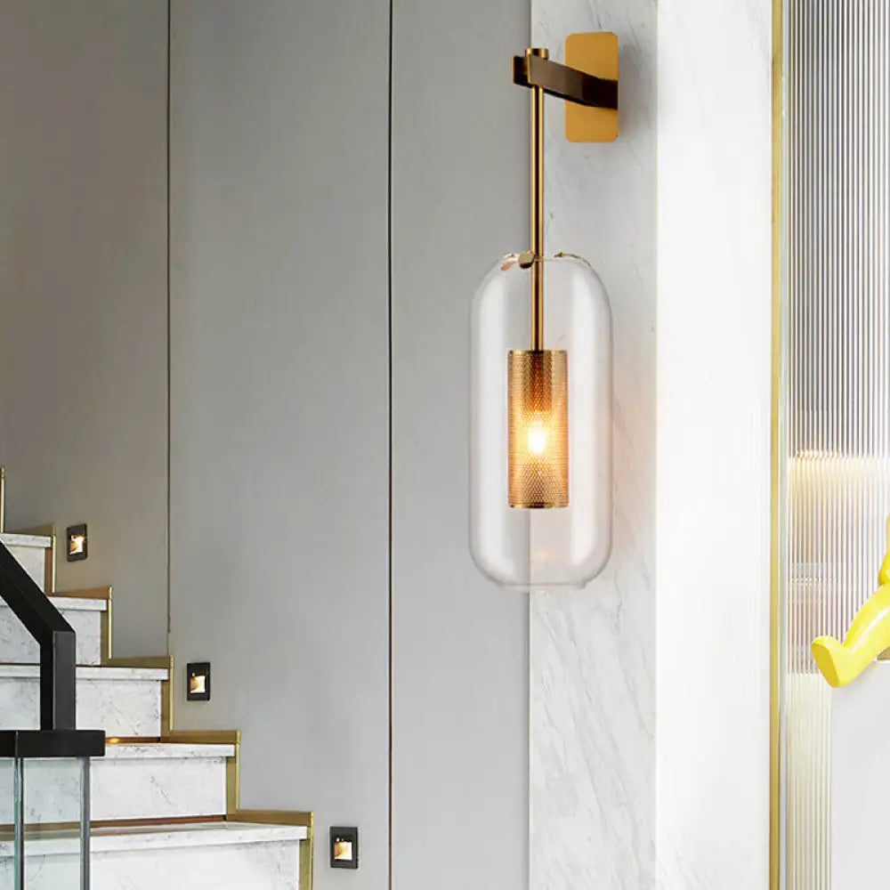 DecorBites™ DecorBites™ Postmodern Capsule Wall Hanging Light Clear Glass Bedside Lamp, 1 Bulb, Interior Mesh Guard, Black/Gold