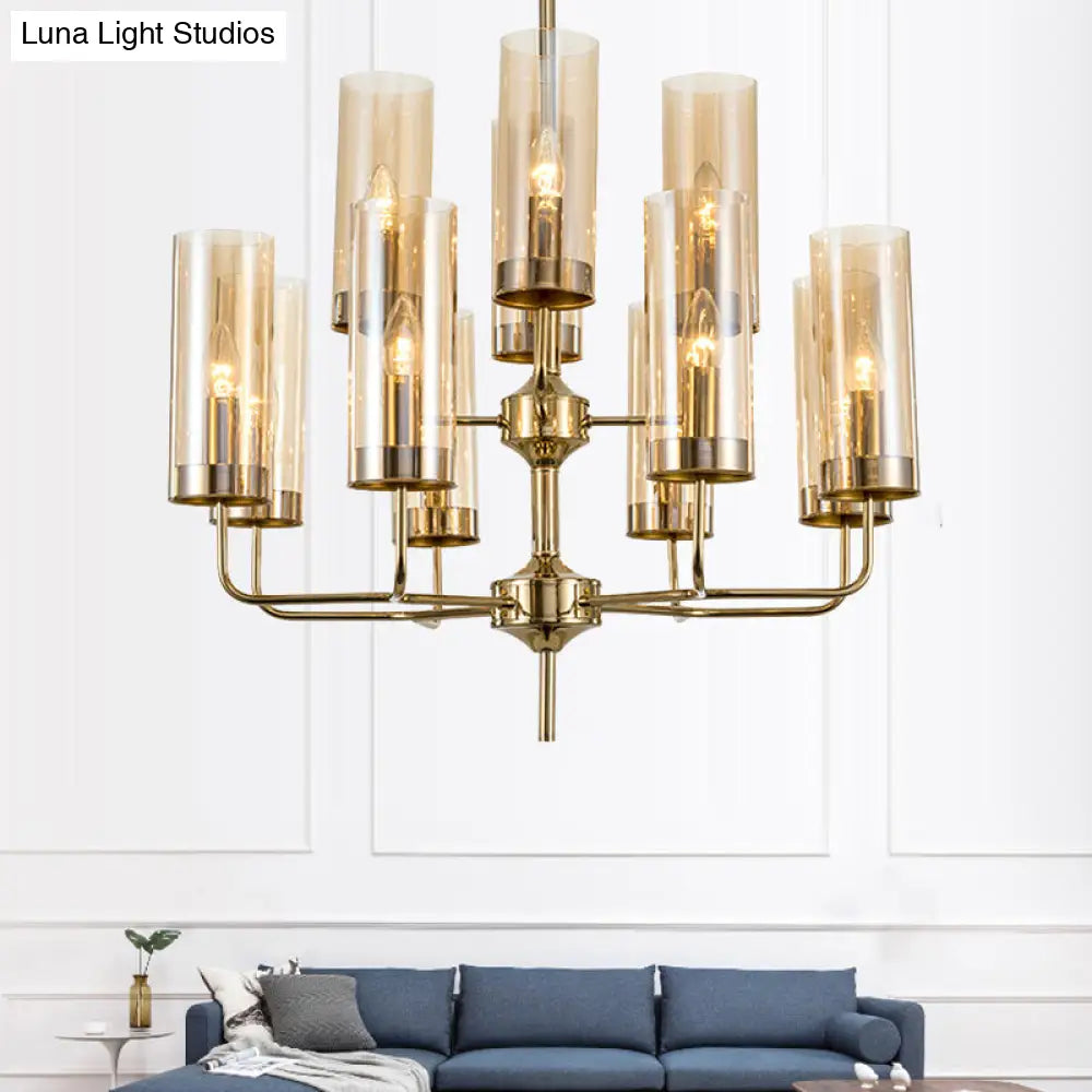 Postmodern Cylinder Hanging Lamp: Blue/Cognac Glass, 12 Heads, Dining Room Chandelier Lighting Kit