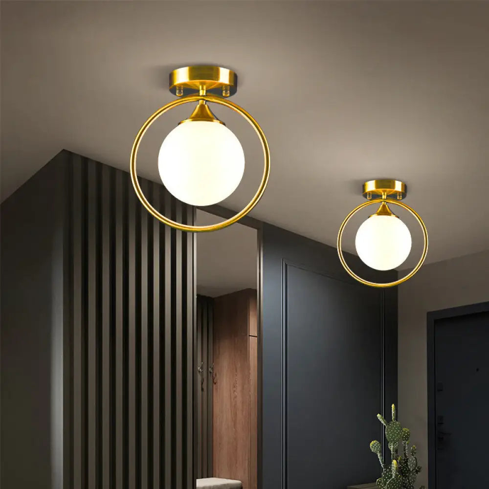 DecorBites™ DecorBites™ Postmodern Glass Ball Ceiling Light with Brass Metal Ring - 1-Light Semi-Flush Mount for Corridors