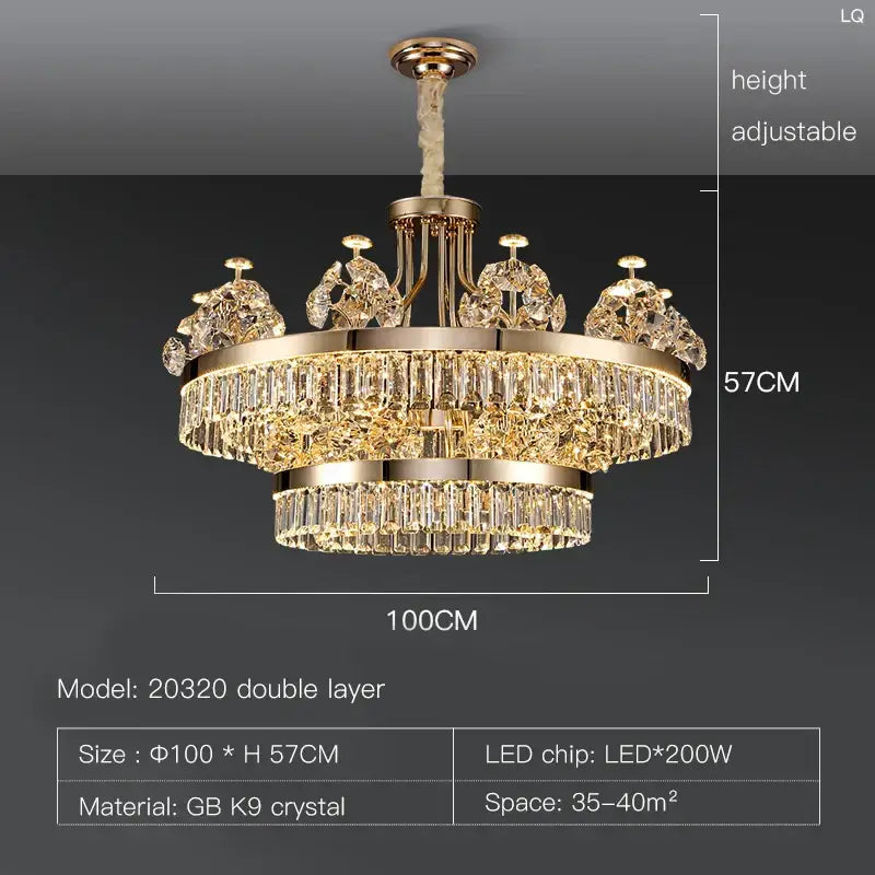 Postmodern gold double layer decorbites crystal chandelier with cascading gb k9 crystal strands for living room decor