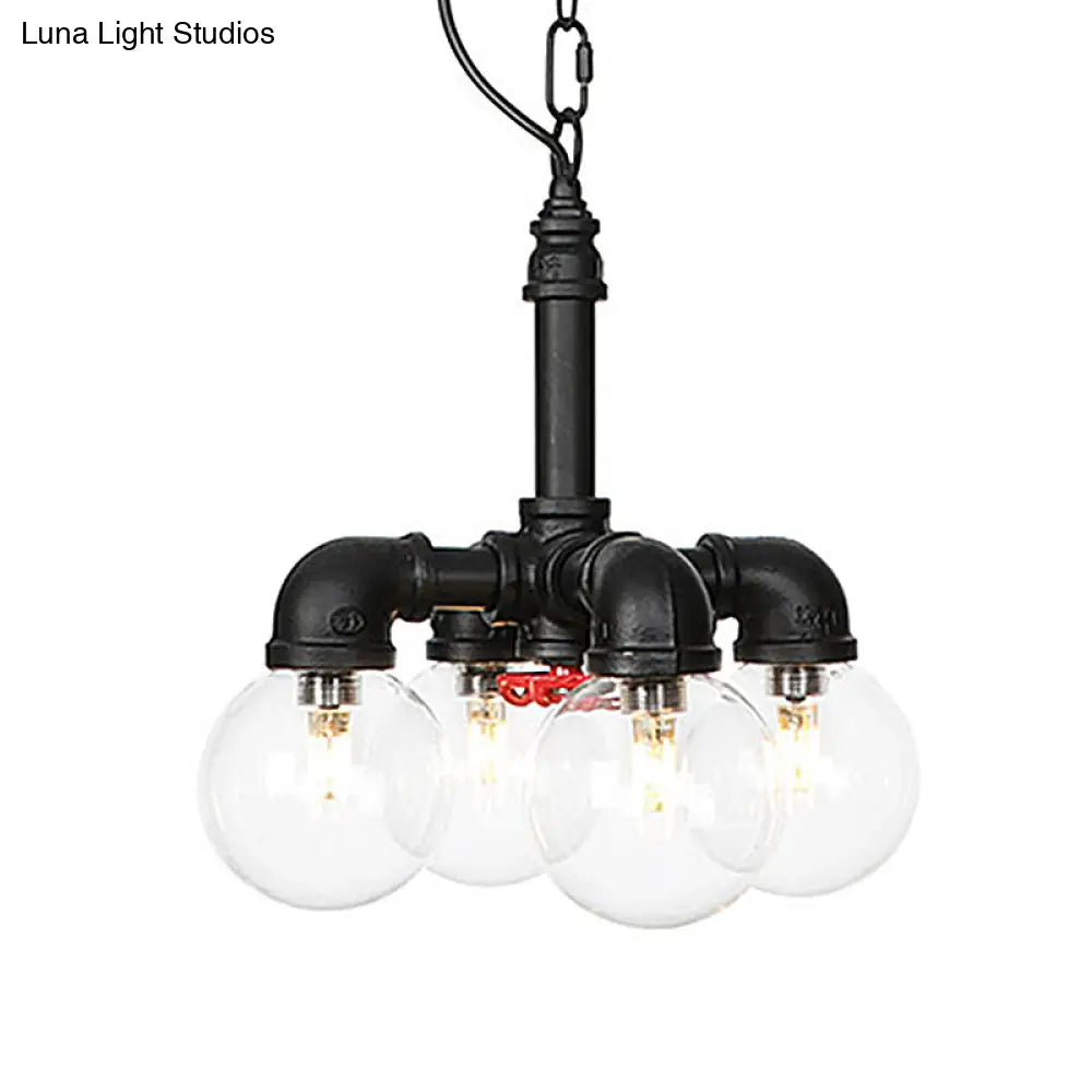Praecipua - Black Metallic Black Hanging Lighting Piping 3/4 Heads Vintage LED Chandelier Pendant Lamp with Ball Clear Glass Shade for Bar