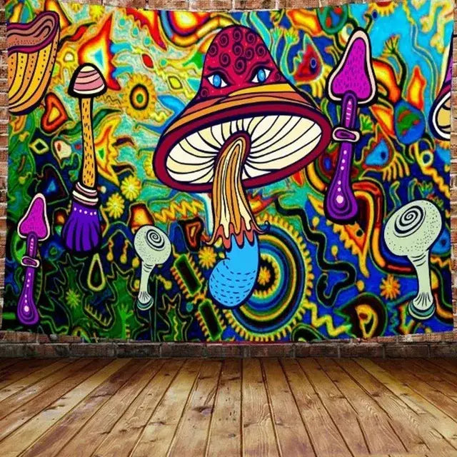 Vibrant psychedelic neon illusory mushroom art tapestry with central red mushroom and colorful abstract patterns for bedroom decorbites wall hanging