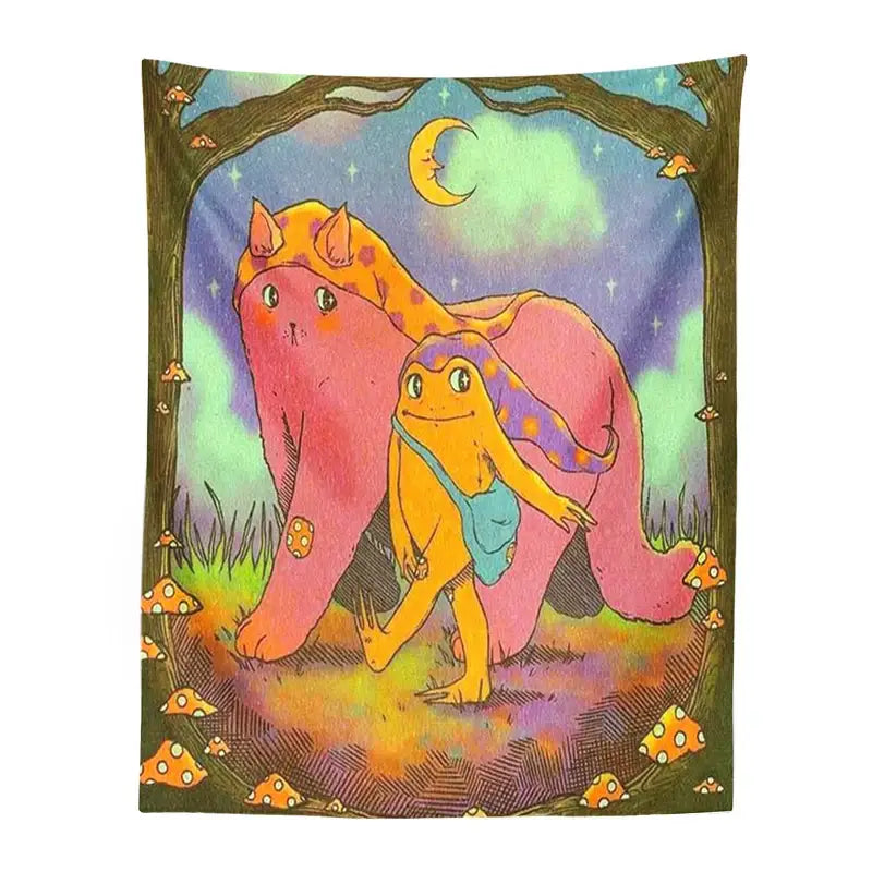 Psychedelic rainbow cottagecore frog mandala tapestry decorbites featuring a pink cat and yellow frog under a crescent moon