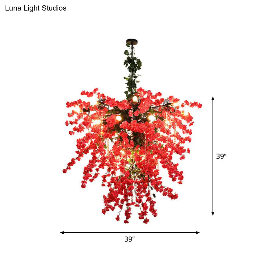 Red Iron Starburst Flower Chandelier Pendant Light with Crystal Bead Strand - 19 Lights