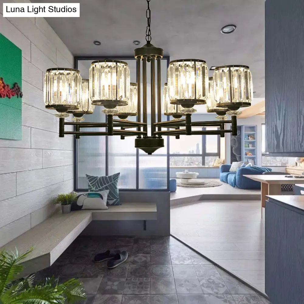 Lámpara colgante cilíndrica retro tipo araña - Acabado negro, detalles de cristal, cadena ajustable - 3/6/8 luces