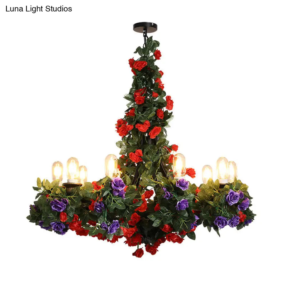 Retro Green Iron Chandelier Light with 10 Bulbs - Exposed Bulb and Suspended Design for Restaurant Lighting