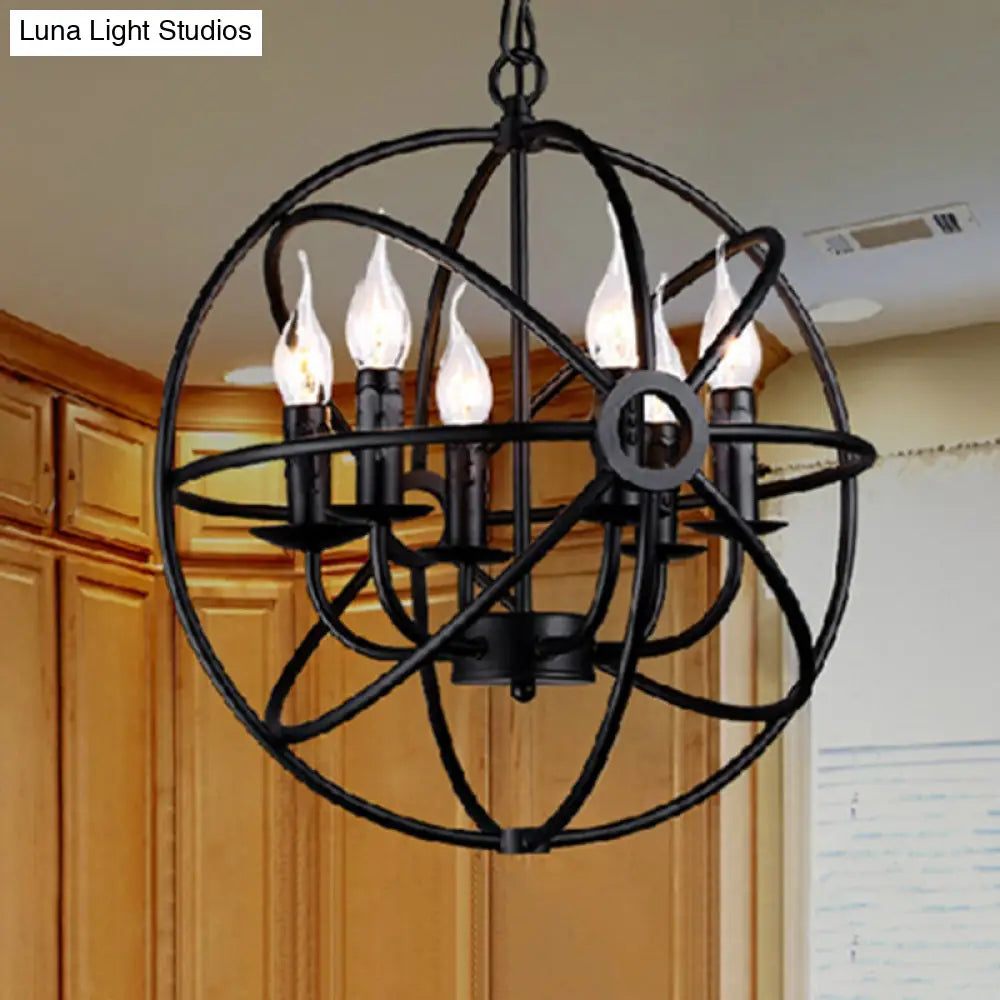 Retro Industrial Globe Pendant Chandelier - Iron Hanging Light Fixture with Candle Design for Coffee Shop Décor