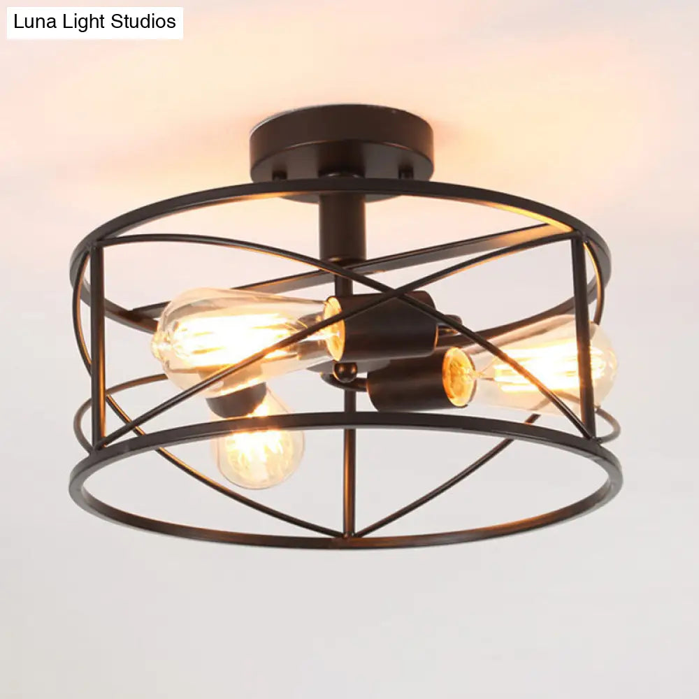 Retro Industrial Metal Flush Mount Ceiling Light for Living Room - Trellis Cage Design