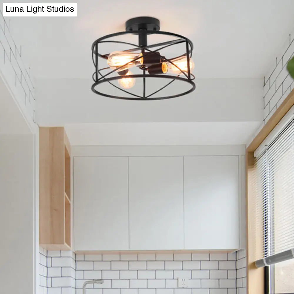 Retro Industrial Metal Flush Mount Ceiling Light for Living Room - Trellis Cage Design
