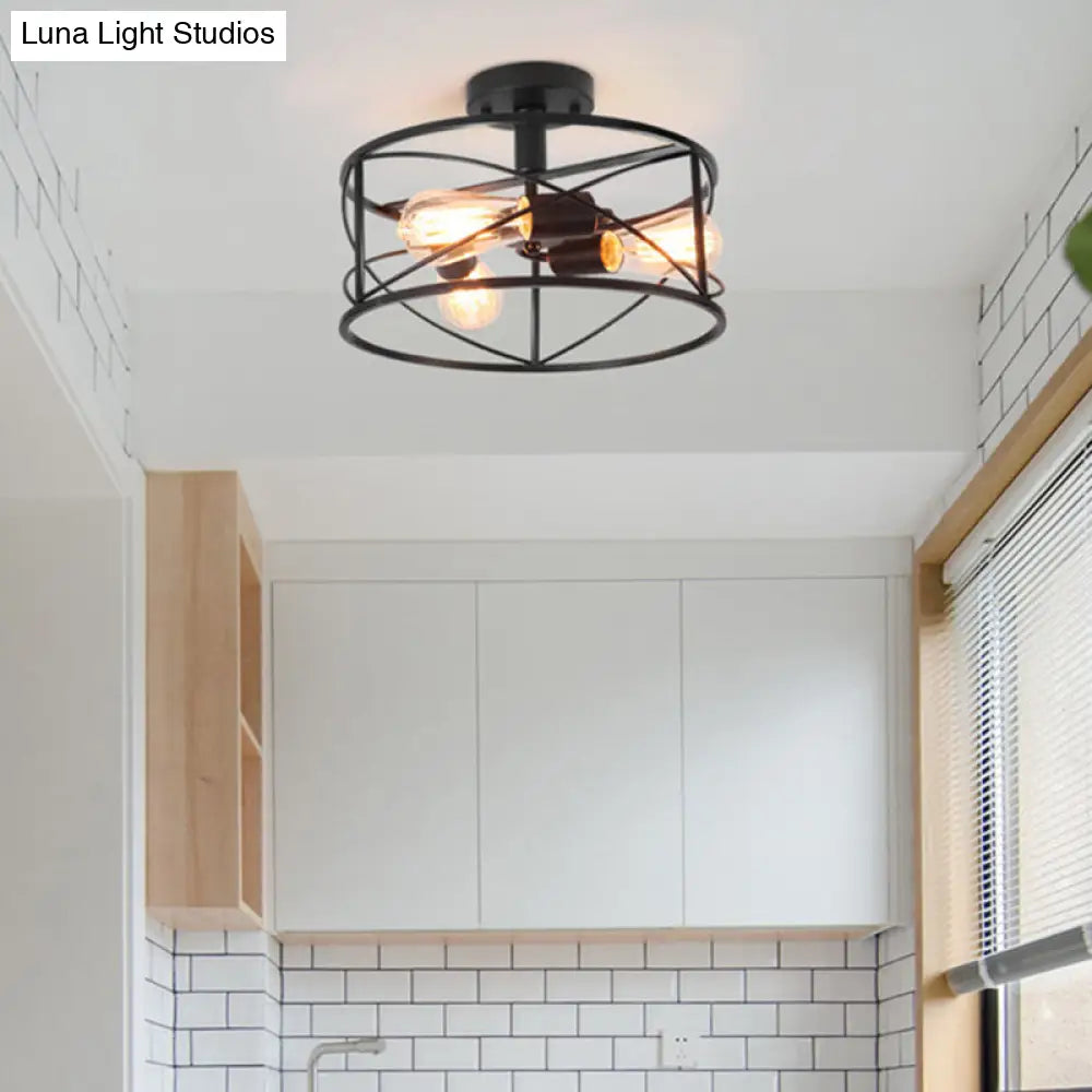 Retro Industrial Metal Flush Mount Ceiling Light for Living Room - Trellis Cage Design