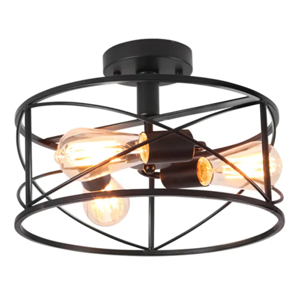Retro Industrial Metal Flush Mount Ceiling Light for Living Room - Trellis Cage Design