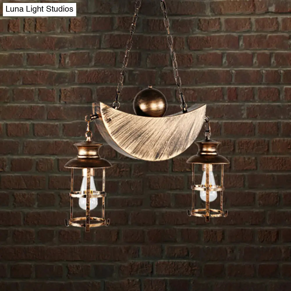 Retro Industrial Metal Pendant Chandelier with 2 Lights - Caged Living Room Fixture (Gold/Silver)
