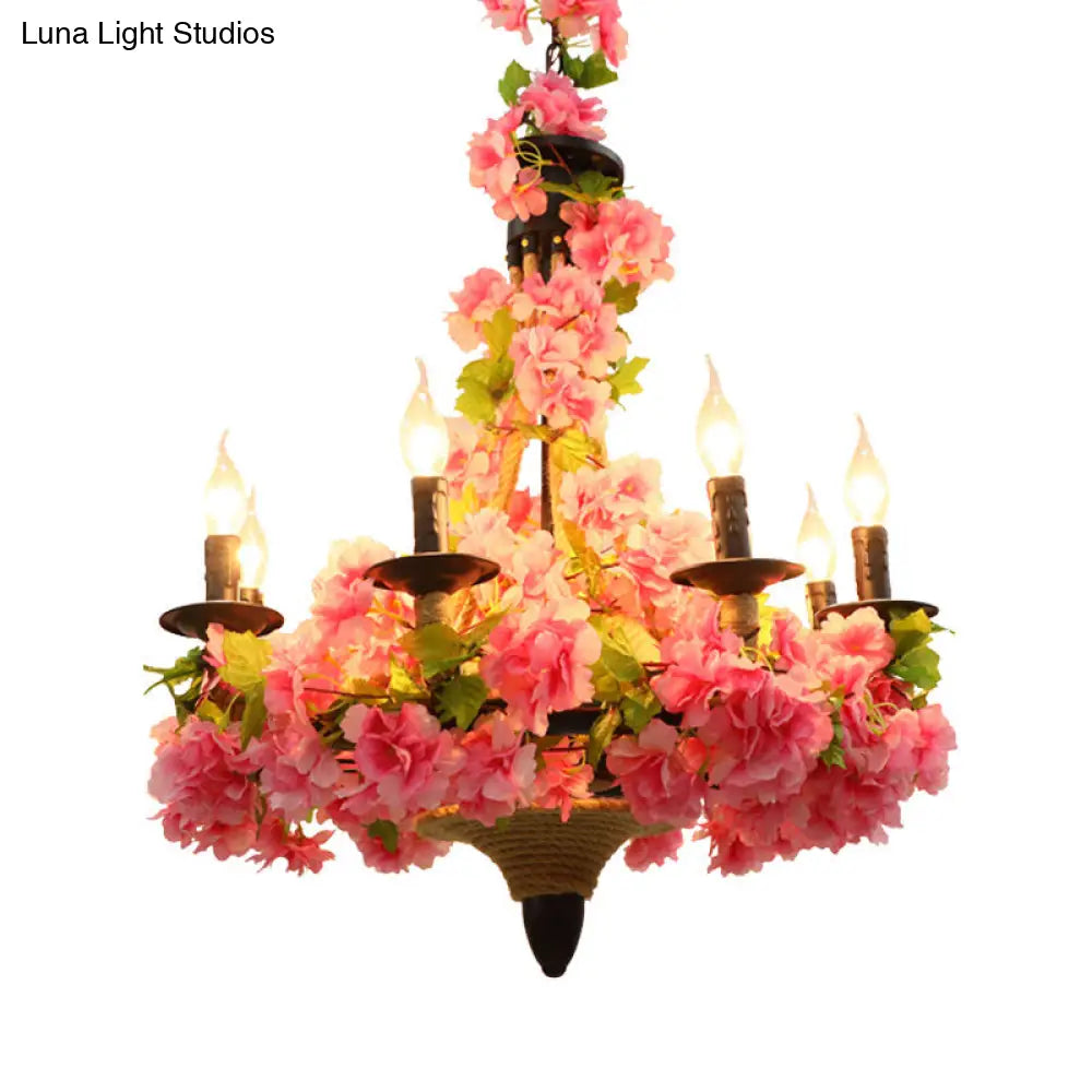 Retro Pink Candle Pendant Chandelier - Vintage Metal with LED Bulbs & Cherry Blossom Accents